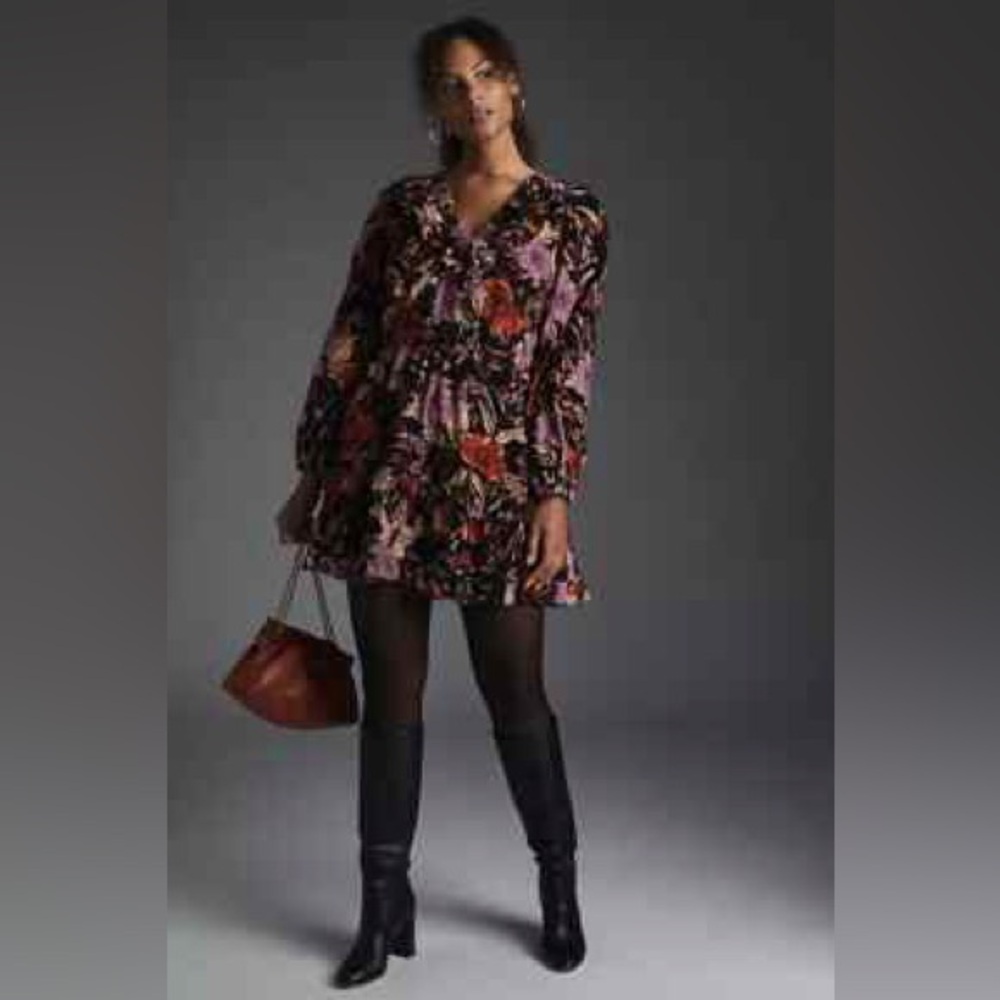 Pilcro Floral Long Sleeve Mini Dress in Black and Purple
